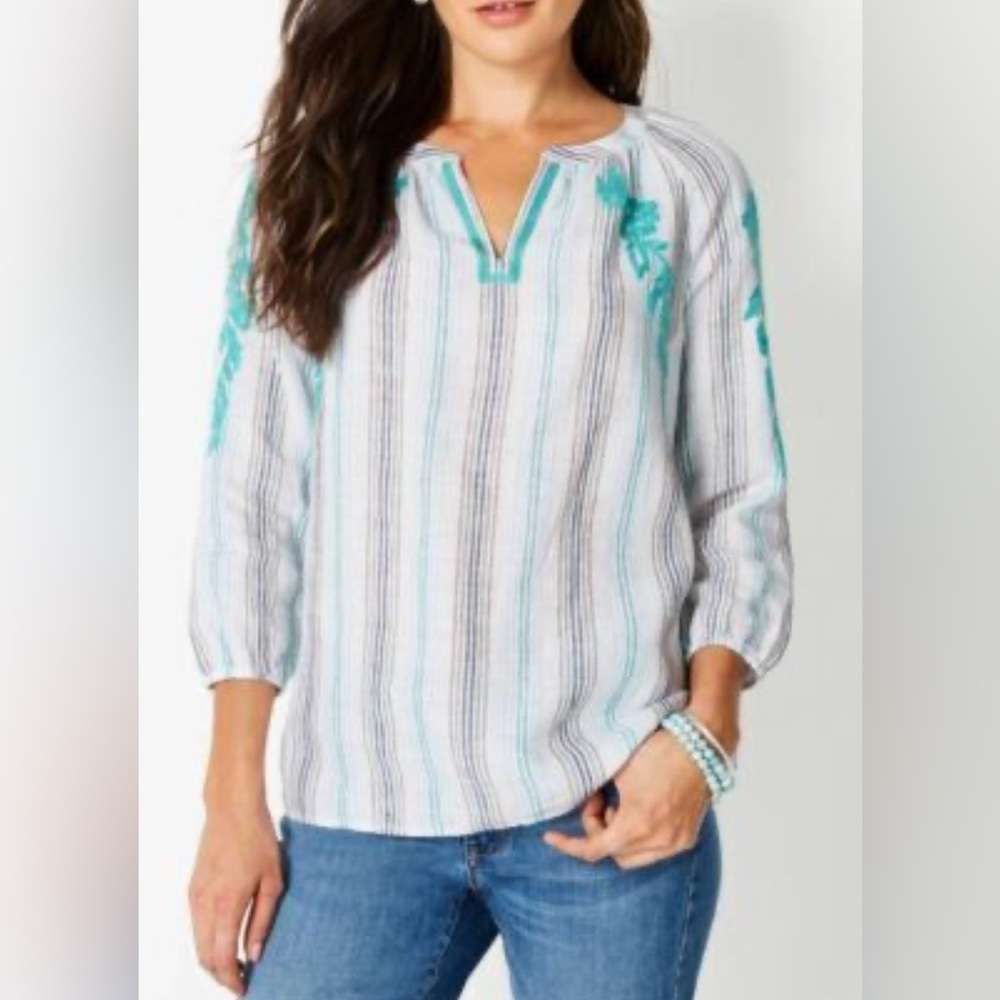 J. jill love linen‎ striped embroidered floral notch neck blouse small
